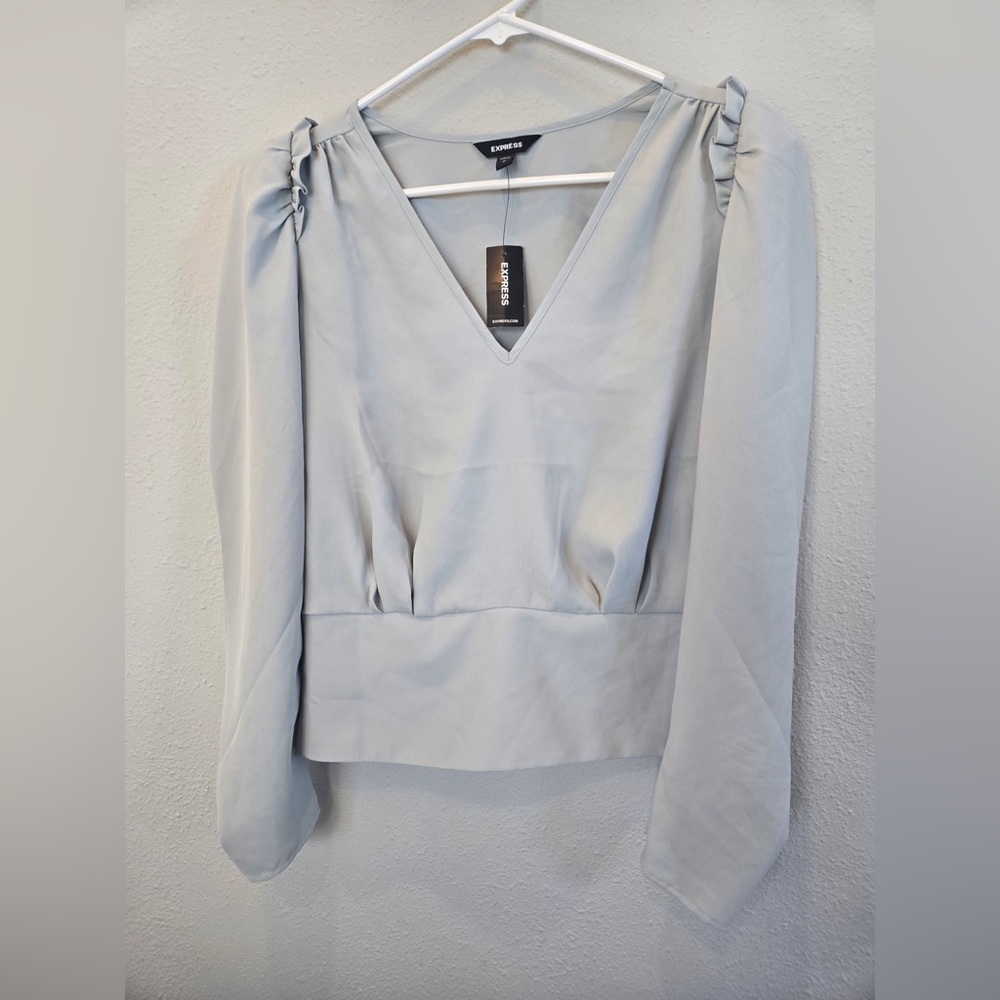 Express Light Gray V-Neck Blouse with Ruching